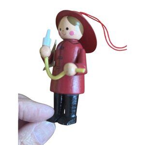 Vtg Wooden Firefighter Ornament With Ladder & Hose Hand-Painted Midwest Taiwan